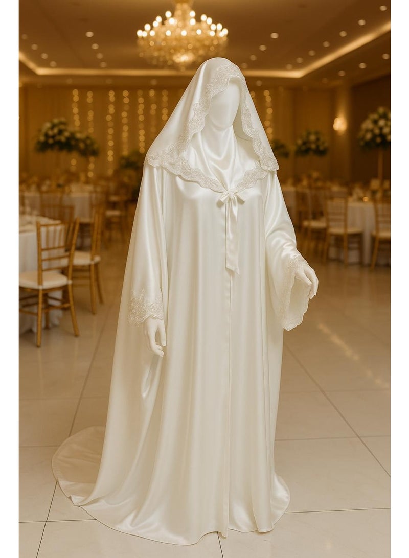 Bridal abaya with lace trim - off-white